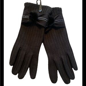 Black Fleece Lined Knit Gloves with Bow/Pom-Pom Accent